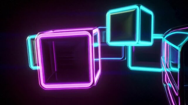 Futuristic neon cubes connect in a dynamic network animation, ideal for tech, blockchain, or metaverse concepts, creating a sense of modern connectivity. ai generative video