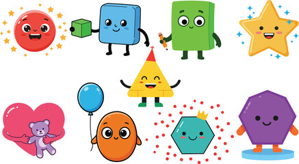 Cute geometric shapes characters for kids learning vector illustration