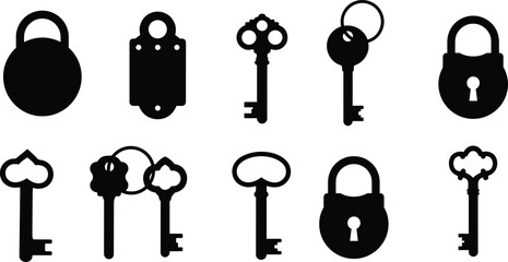 Black key and padlock silhouettes, vintage skeleton keys, modern lock icons, security symbol vector, locksmith design elements, privacy protection illustration, access control