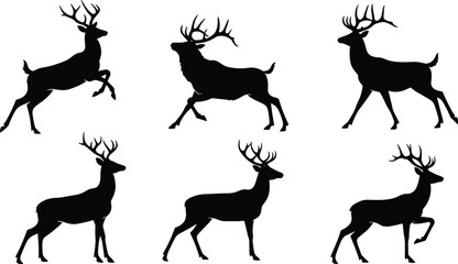 Deer silhouettes with antlers, black wildlife icons, stag vector illustrations, animal posture artwork, hunting symbol design, forest nature elements, majestic buck outline graphic