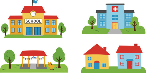 Cute neighborhood scene with houses and trees flat vector illustration