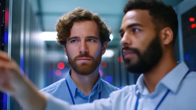 Employees in a data center scold an engineer after an AI system error on a generic alert panel pointing at a screen with glitch alerts server racks flashing red AI system error