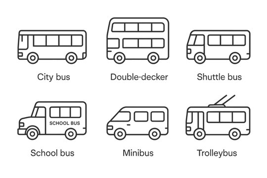 Outline illustrations of city, double-decker, shuttle, school, mini, and trolley buses