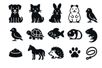 Fototapeta premium Silhouette icons of various pets: dogs, cats, birds, and more