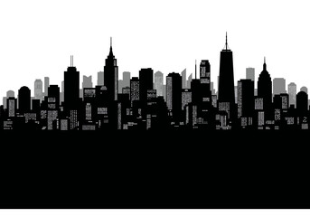 Fototapeta premium Black and White Cityscape Silhouette with Detailed Building Windows.