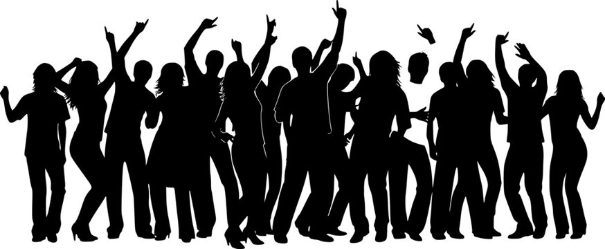 party people silhouette. this image shows a group of people in various dancing poses, depicted as black silhouettes symbolizing celebration and social unity. vector clipart illustration design