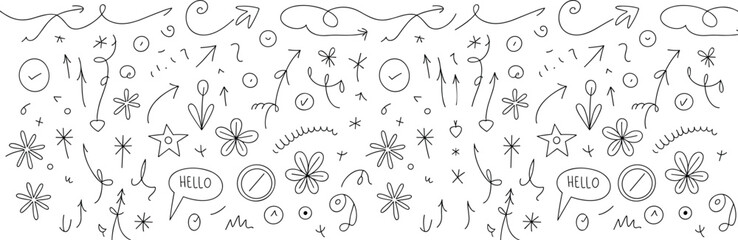 Hand-drawn doodle elements, sketch arrows, abstract icons, cartoon stars, speech bubbles, floral shapes, playful design set, flat vector illustration