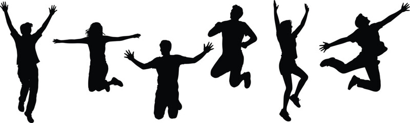 Jumping people silhouette set, energetic human poses, active lifestyle vector icons, expressive movement graphic, sports action illustration, flat vector illustration