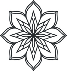 A detailed black and white mandala flower design featuring symmetrical petals and intricate patterns.