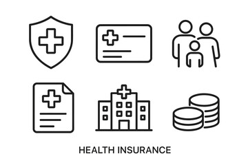 Health insurance symbols: shield, card, family, document, hospital, coins
