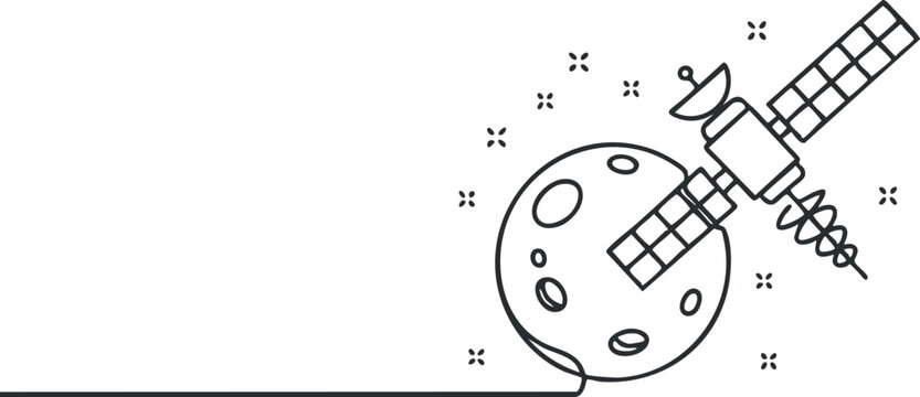 Illustration of a satellite orbiting a planet with a simplistic design and line art style.