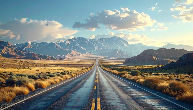 A long highway stretches through a vast, arid landscape towards distant, majestic mountains under a partly cloudy sky. The road reflects sunlight - Powered by Adobe