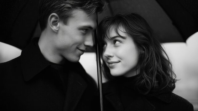 Black and white photograph of a young couple standing under an umbrella. the man is on the left side of the image, facing the woman on the right side.
