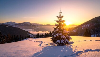 A majestic evergreen tree covered in snow stands in a sun-drenched field, set against a mountainous backdrop at sunrise
