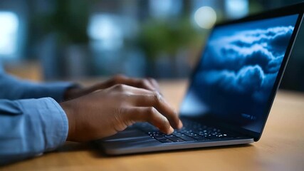 A Black programmer engages in software development coding AI algorithms on an laptop with generic cloud computing visuals a modern workspace AI software development cloud com - Powered by Adobe