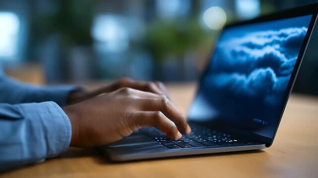 A Black programmer engages in software development coding AI algorithms on an laptop with generic cloud computing visuals a modern workspace AI software development cloud com