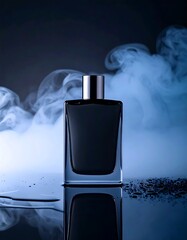 Elegant Glass Perfume Bottle on Reflective Surface with Smoke