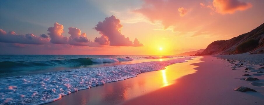 Tranquil Sunset Beach Scene Serene Waves Lap the Shore, Vibrant Sky, Perfect for Travel and Relaxation Themes