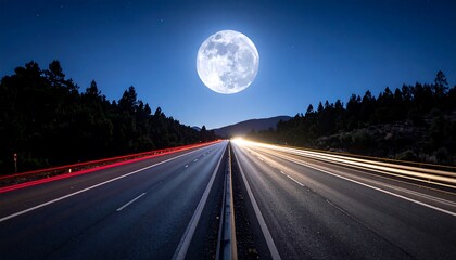 A long highway stretches toward a full moon under a dark, starry sky. Car light trails create streaks of red and yellow on the road at night