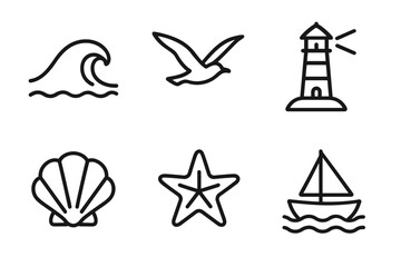Fototapeta premium Nautical outline icons: wave, seagull, lighthouse, shell, starfish, sailboat