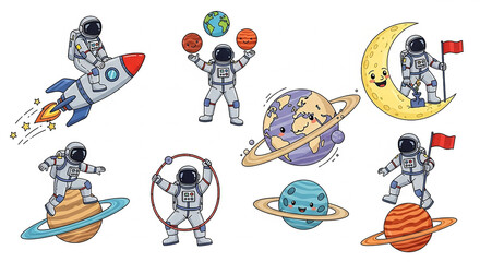 Astronaut space adventure with planet and rocket cartoon