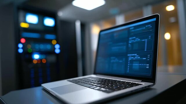 A close up of a mockup laptop in a server room an admin analyzing AI diagnostics on a generic performance interface screens showing data server racks humming AI diagnostics