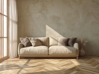 Fototapeta premium A white couch with brown pillows sits in a room with a tan wall