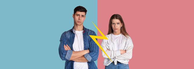 Two young adults stand apart, displaying disagreement with crossed arms. One shows frustration, while the other appears annoyed. They are set against a split color backdrop, enhancing the tension.