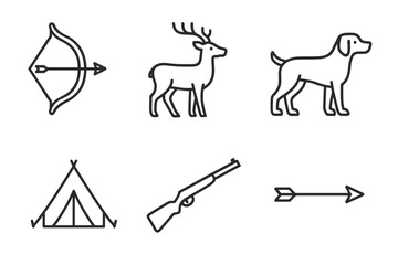 Hunting icons: bow, arrow, deer, dog, tent, rifle in simple outline style