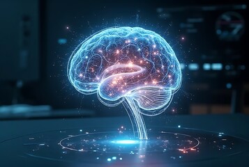 Glowing futuristic digital brain with neural network connections and data streams in a dark abstract technological environment