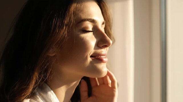 Young woman enjoying the warm sunlight on her face, feeling peace and serenity as she closes her eyes and smiles gently vector illustration