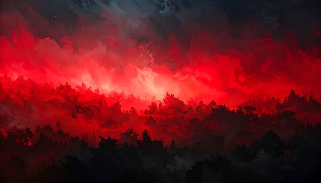 A moody landscape of silhouetted trees beneath a fiery, ominous sky. The vibrant red hue creates an intense and dramatic atmosphere