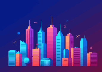 Colorful Geometric Cityscape with Gradient Sky and Abstract Elements.