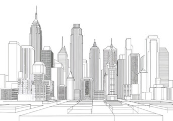 Detailed Line Art of a Cityscape Skyline with Skyscrapers.