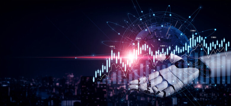 A robotic hand reaches out amidst glowing financial graphs and data against a nighttime city backdrop, symbolizing the future of technology and finance integration. Scalp - Powered by Adobe