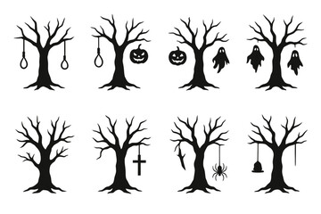 Halloween tree silhouettes with ghosts, pumpkins, and spooky decorations