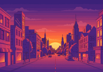 Vibrant Cityscape at Sunset with Buildings and Street.