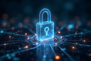 Futuristic glowing blue digital padlock symbolizing cybersecurity data protection and network security in a dark abstract background