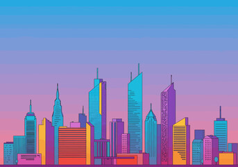 Colorful Cityscape Illustration with Modern Buildings and Vibrant Sky.