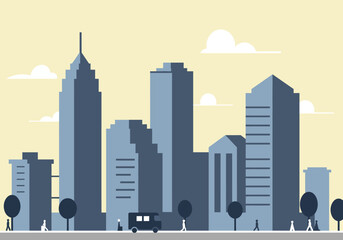 Stylized Cityscape with Buildings People and a Bus.