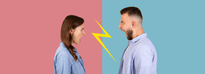 A striking collage features two individuals facing each other, loudly expressing their opinions. The contrasting backgrounds emphasize their emotional intensity in this dramatic moment.