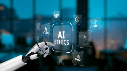 A robotic hand engages with a digital interface showcasing concepts of AI ethics, highlighting the importance of responsible technology use in modern environments. Synapse
