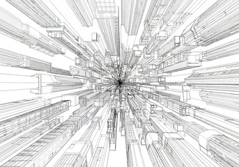 Abstract Architectural Wireframe Perspective of a Futuristic Cityscape.