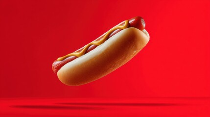 3d rendering of a hot dog on a red background. the hot dog is in the center of the image, with a long, golden-brown bun on top.