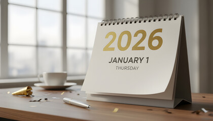 Desktop calendar displaying 'JANUARY 1 THURSDAY' and '2026' on a wooden table, with a blurred window background. Ideal for themes of new beginnings, planning, and business.