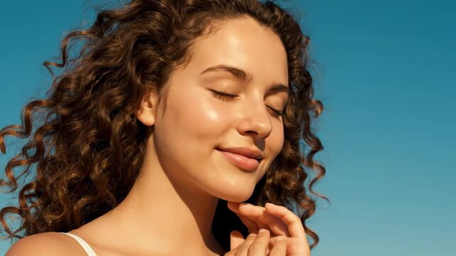 Young woman with curly hair tilting her head back to feel the sun on her face, enjoying a clear blue sky and warm weather vector illustration