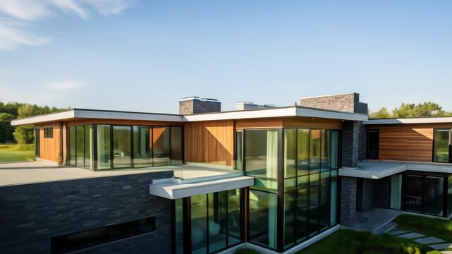 A modern two-story home with glass windows, stone and wood accents, and a flat roof, framed by landscaping and a bright blue sky