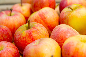 Red apples of various varieties on a farmer's market counter. Natural products, seasonal fruits, local food.
