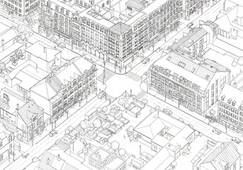 Detailed Architectural Drawing of a European Cityscape with Buildings and Streets.