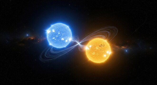 Stellar Interaction Binary Star System with Blue and Orange Suns Orbiting and Exchanging Gaseous Matter in Deep Space Against a Starry Background